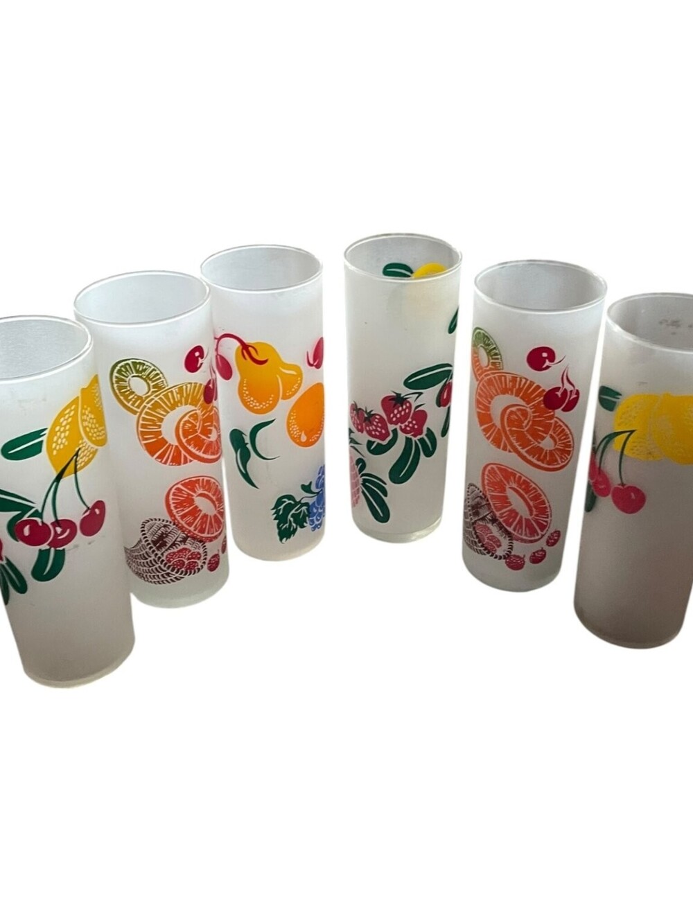 Vintage Frosted Glass Highball Tumblers Fruit Cornucopia Set of 6 MCM